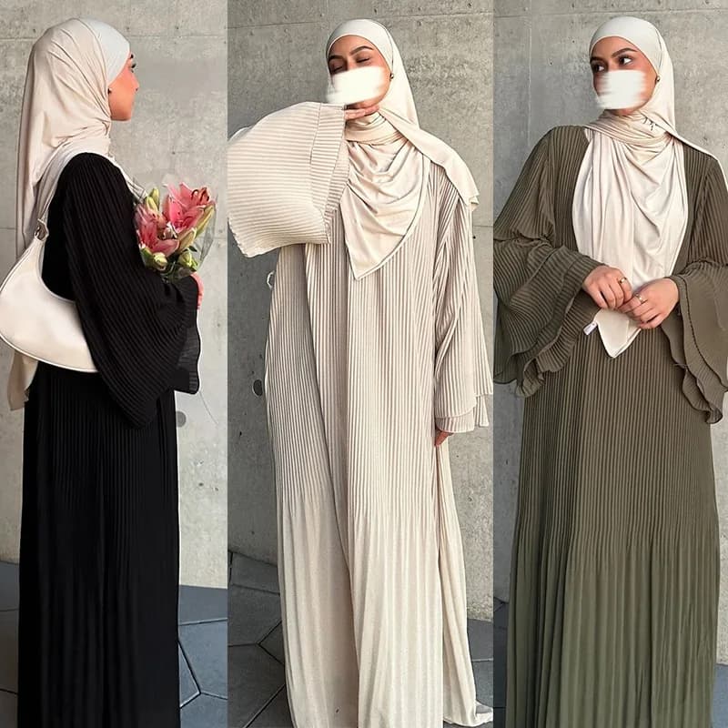 Women Muslim Abaya Dress Elegant Pleated Long Maxi Robe with Flare Ruffle Sleeves, Round Neck Modest Islamic Kaftan for Ramadan