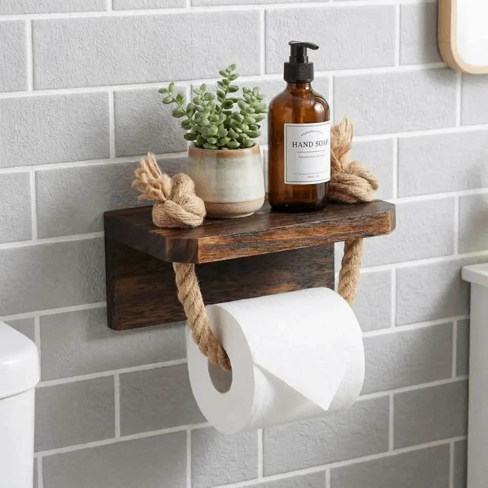 Nautical Style Toilet Paper Holder Rustic Wood Roll Paper Holder Space-Saving Decorative Maritime Rope Paper Holder