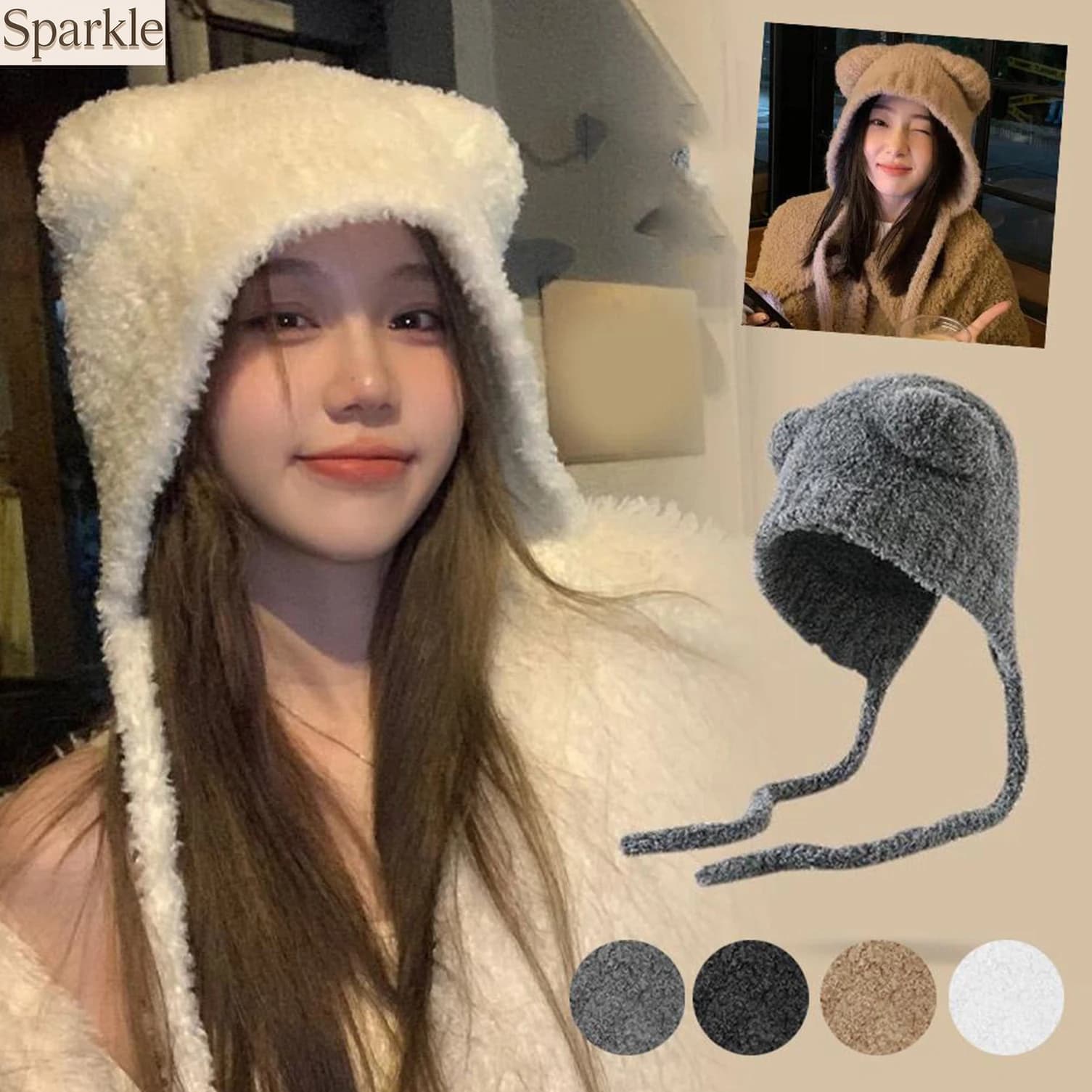 Cappello Invernale in Lana con Orecchie di Orso, Berretto Caldo Lavorato a Maglia con Lacci, Stile Coreano Carino per Donne