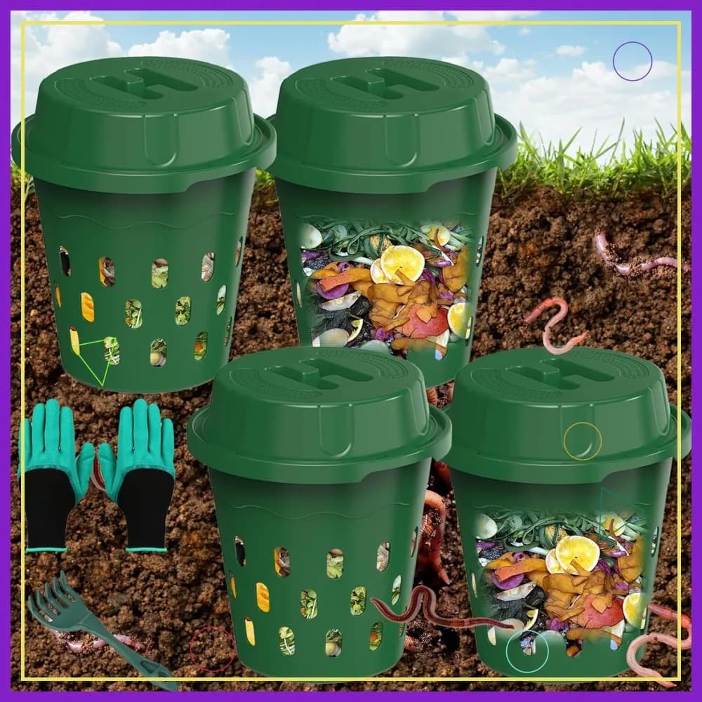 Composter per Vermicompostaggio Interrato Warm Farm, Confezione da 4, 8L, per Aiuole da Giardino, Contenitore per Vermicompostaggio Esterno per Principianti, Verde