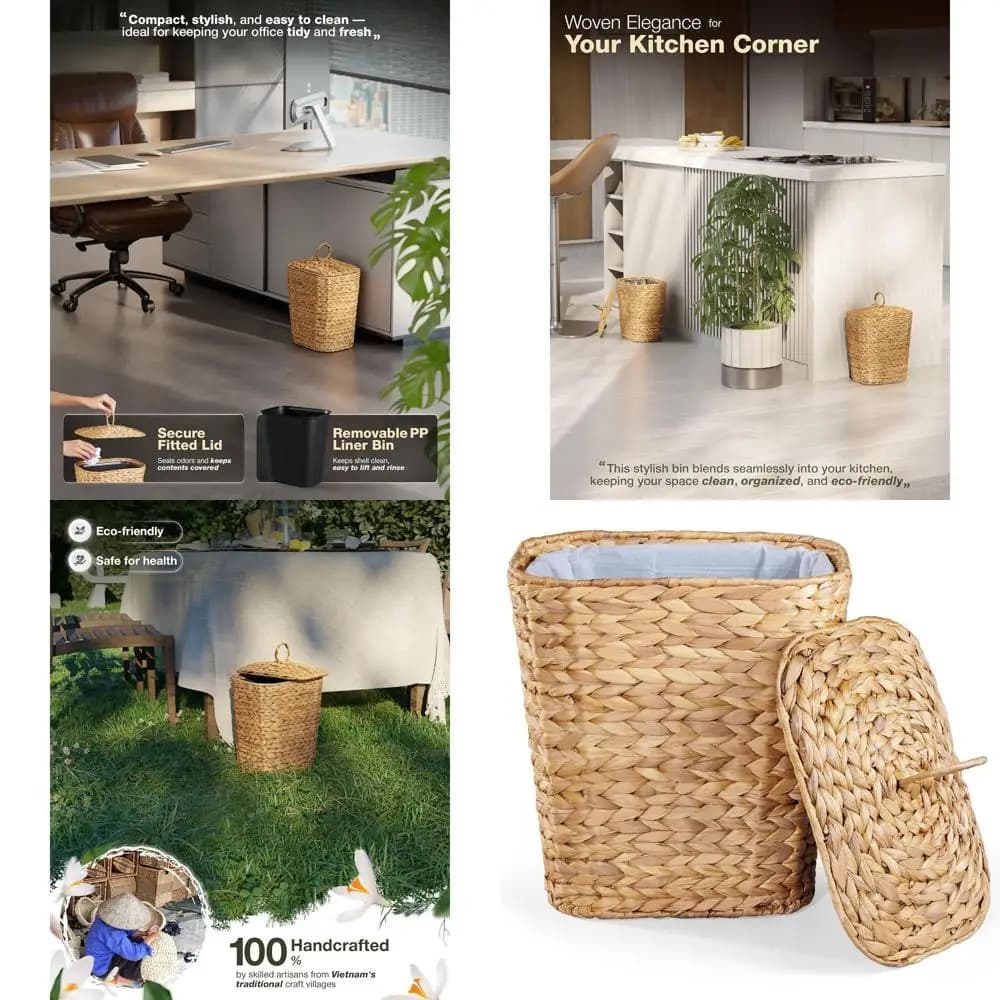 Cestino per rifiuti in rattan realizzato a mano con coperchio e bidone rimovibile per uso domestico e in ufficio
