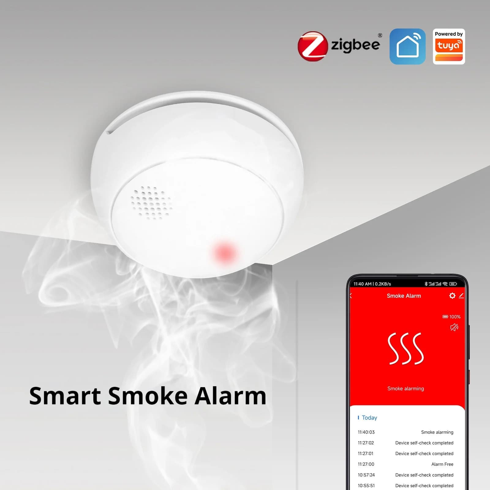 Rilevatore di fumo ZigBee per Smart Home – Allarme antincendio con notifica remota dell'app Tuya