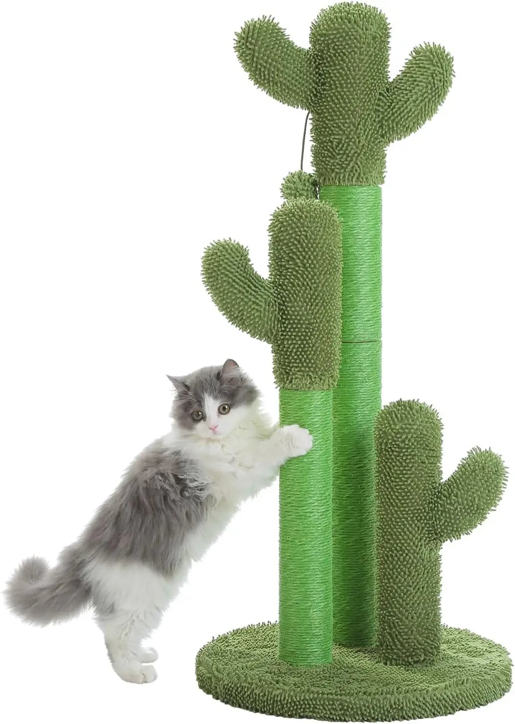 Tiragraffi per Gatti a Forma di Cactus da 35 Pollici con 3 Pali e Palla Pendente per Gioco Interattivo