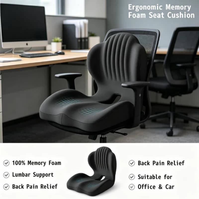 Cuscino per seduta in memory foam con supporto lombare, 100% memory foam, ergonomico, per sedia da ufficio, auto, sollievo dal mal di schiena, uso domestico