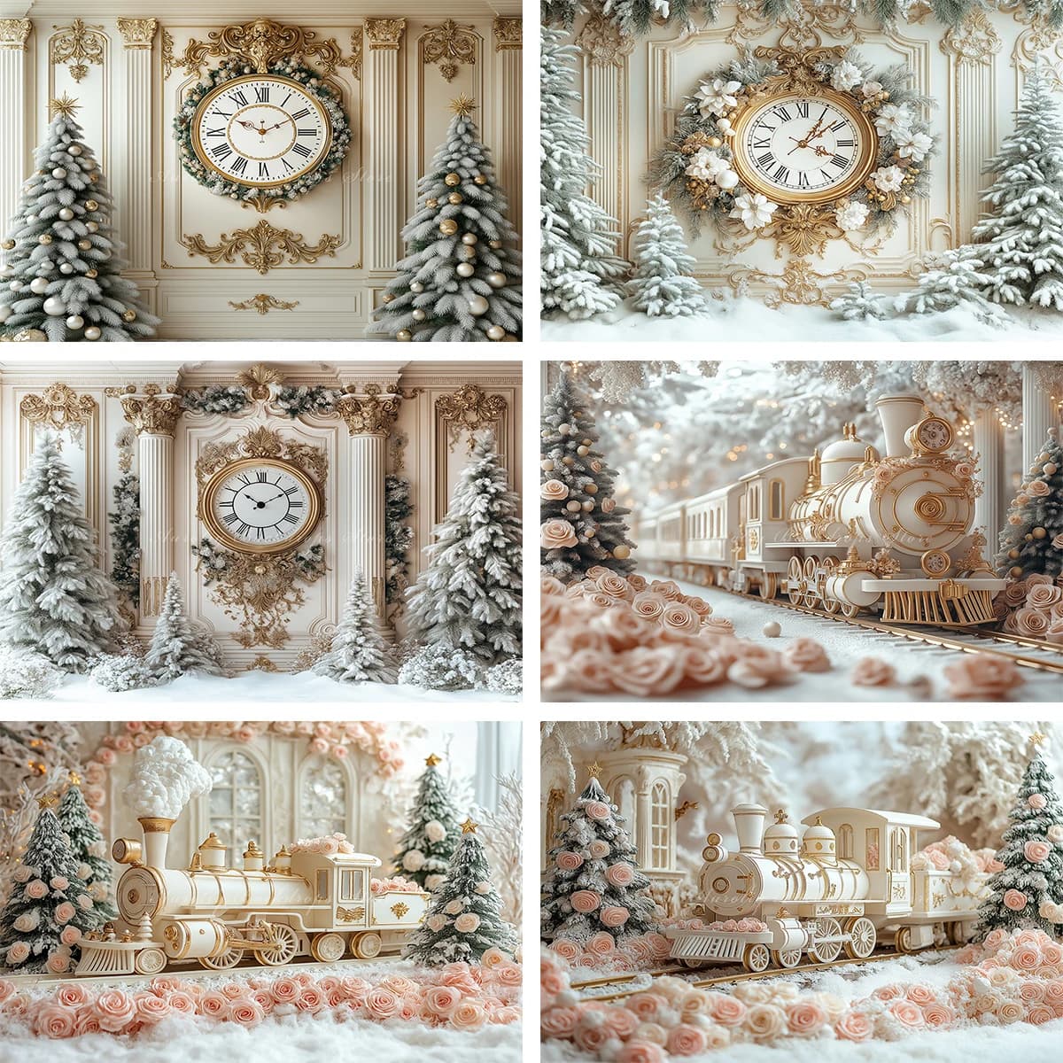 Parete a tema natalizio con grande orologio Sfondo fotografico Bianco e oro Treno vintage Sfondi per feste di famiglia con ritratto di bambini