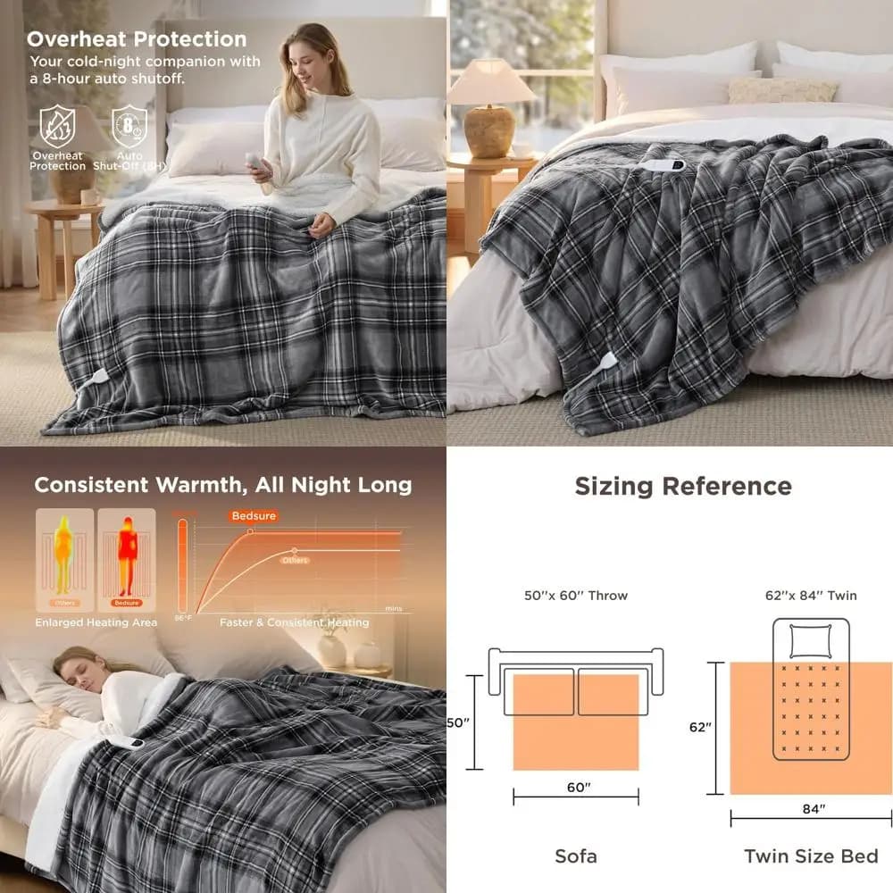 Coperta elettrica in flanella scozzese doppia con 6 livelli di calore, 10 opzioni timer, spegnimento automatico 8 ore per nonna (grigio, 62x84)