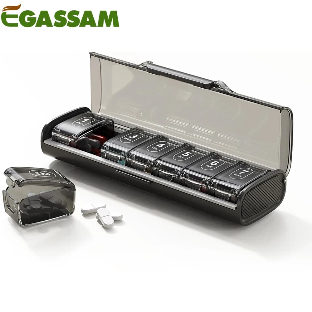 Weekly 1-piece pills, 7-day BPA-free travel pills, large compartment to contain vitamins, cod liver oil, supplements