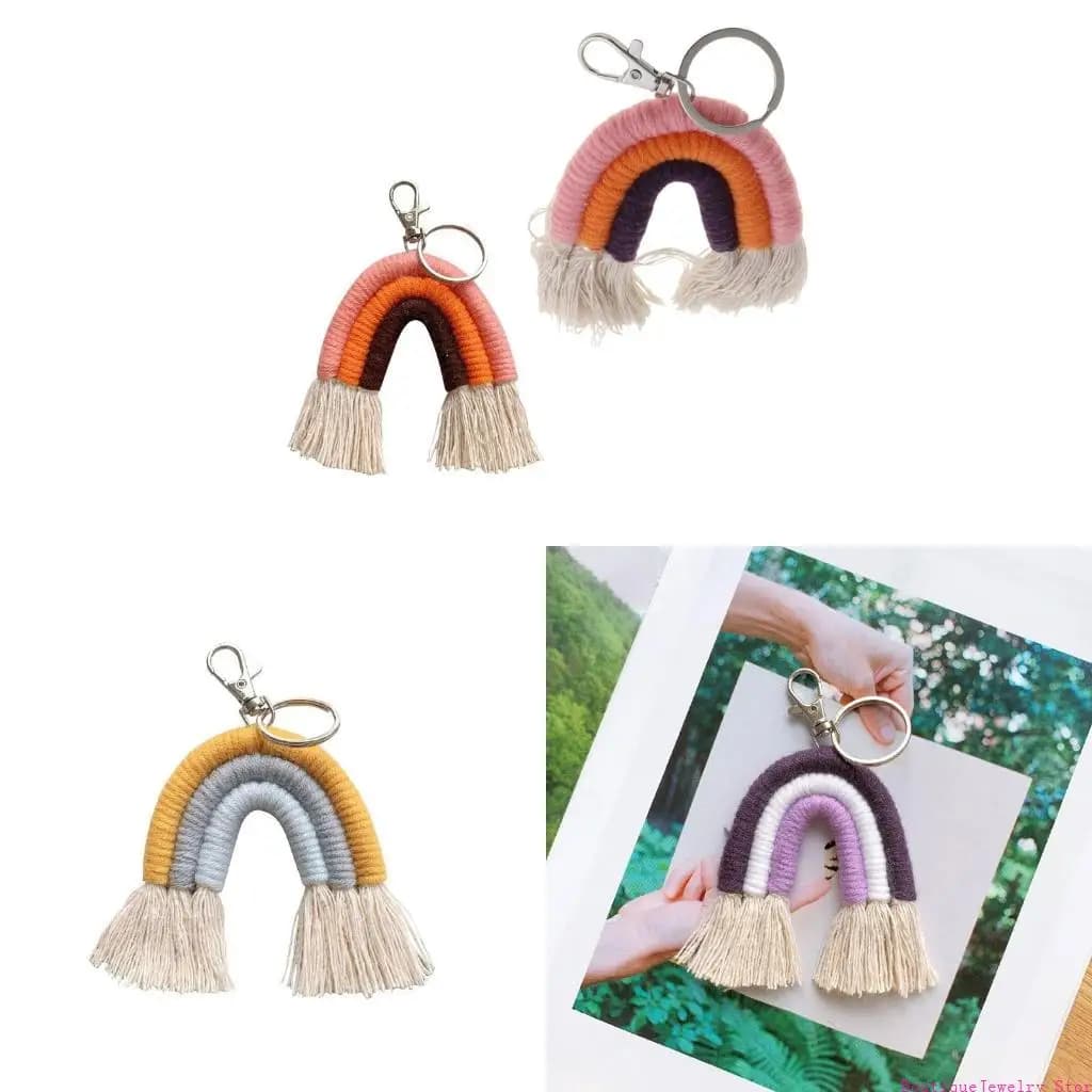 E1PE Women Tassel Macrame Keyrings Fashion Weaving Rainbow Keychains for Gift