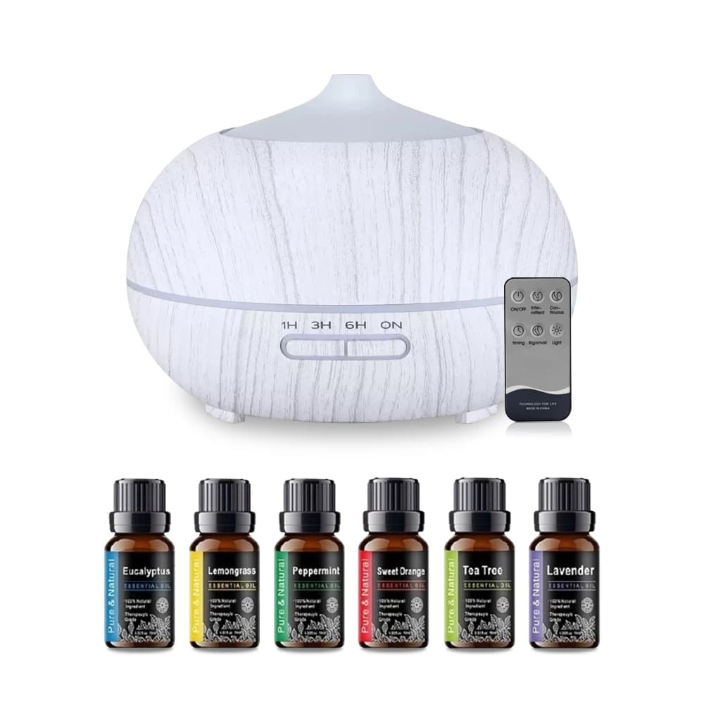 Diffusore di oli essenziali premium con venature del legno da 550 ml con telecomando, LED a 7 colori, umidificatore ad ultrasuoni include 6 oli essenziali