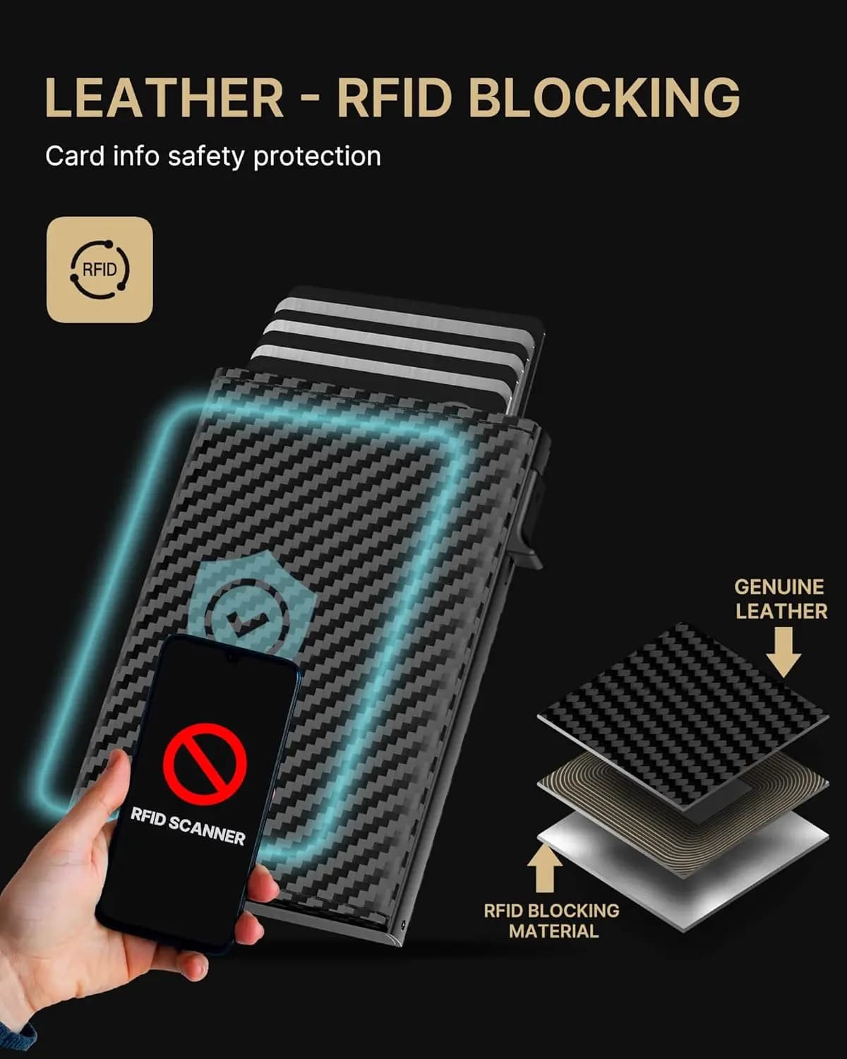 Portafoglio Sottile da Uomo con Blocco RFID, Finestra per Documenti e Scomparto per Contanti in Vera Pelle e Fibra di Carbonio