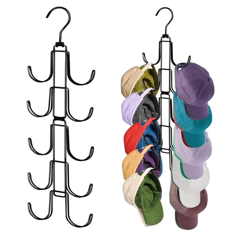 Organizzatore per cappelli da armadio, porta cappellini pieghevole in metallo con 10 ganci grandi, contiene fino a 40 cappellini da baseball, salvaspazio girevole