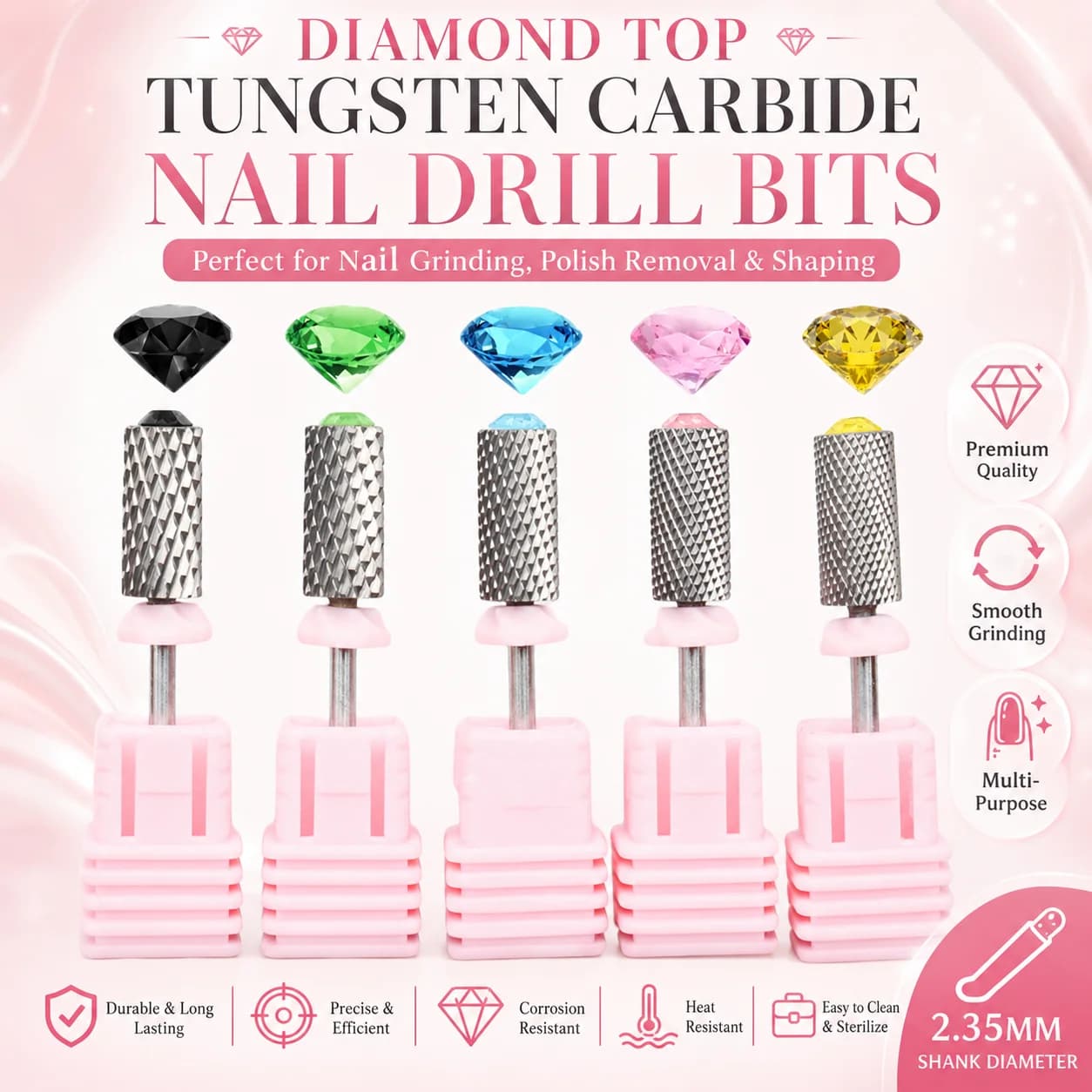 Fresa per Unghie in Carburo di Tungsteno con Strass, Punta a Taglio Incrociato con Gambo da 2,35 MM per Rimozione Gel Polish, Manicure e Pedicure
