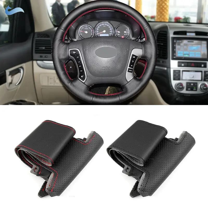 Per Hyundai Santa Fe 2006 2007 2008 2009 2010 2011 2012 coprivolante interno auto cucito a mano rivestimento in pelle perforata