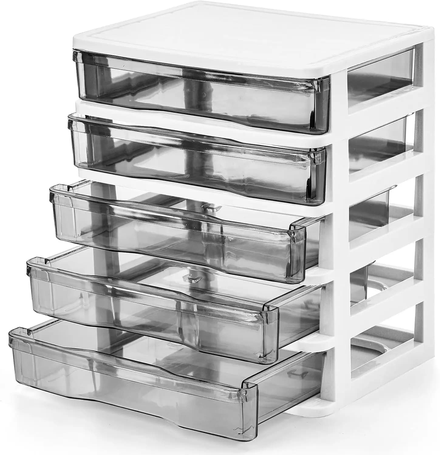Organizzatore da Scrivania con 5 Cassetti, Piccolo Contenitore in Plastica, Struttura Bianca con Cassetti Trasparenti, Mini Organizzatore per Scrivania