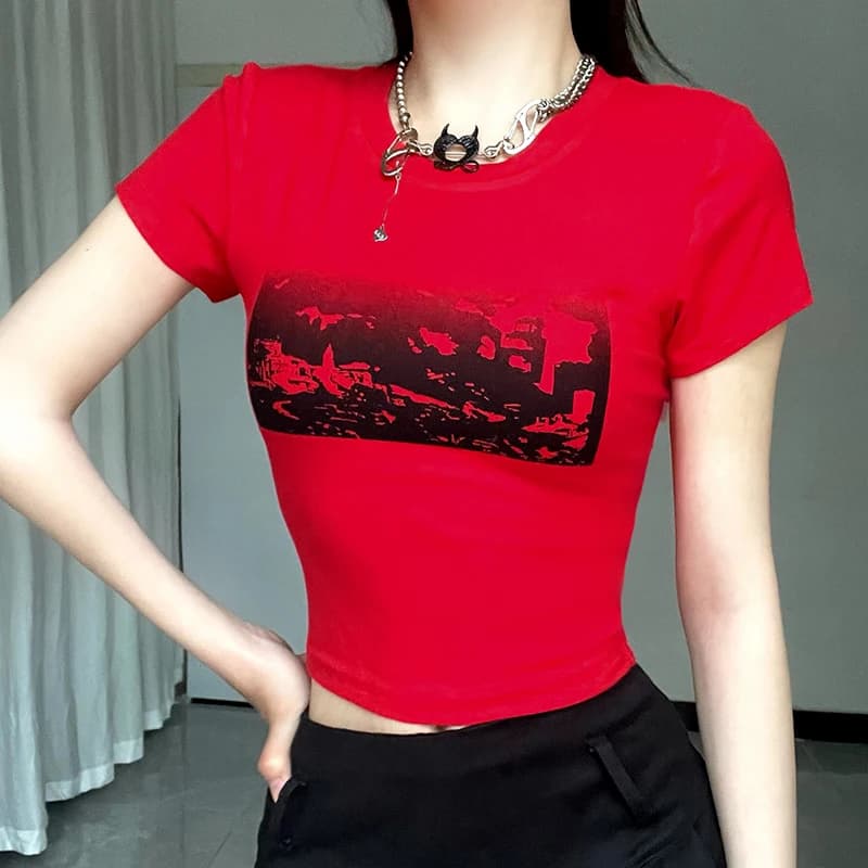 T-shirt da Donna Estiva Nuova Moda Manica Corta Girocollo Stampa Nera Top Casual Streetwear Rosso Sexy Slim Versatile