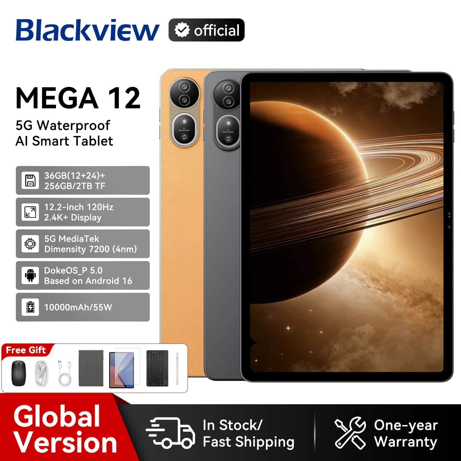 【Anteprima mondiale】Blackview MEGA 12 Tablet Smart 5G 12.2" Display 2.4K 120Hz CPU Dimensity 7200 Impermeabile IP69K 50MP 10000mAh