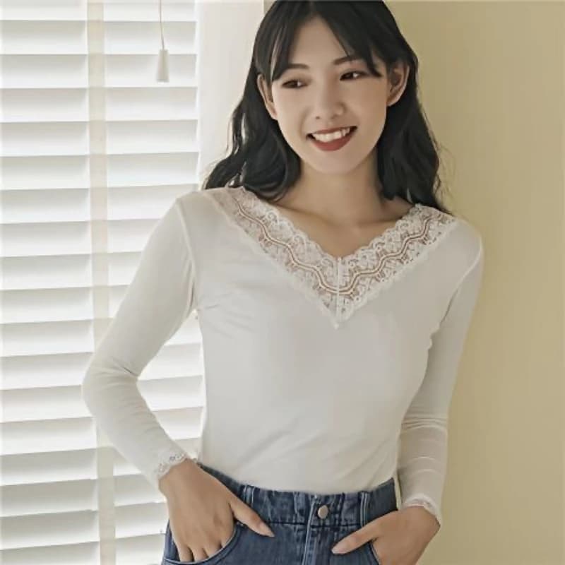 Lace V-Neck Slim Fit Women's Thermal Underwear Autumn Winter 2026 New Arrival White Undergarment Long Sleeve T-Shirt
