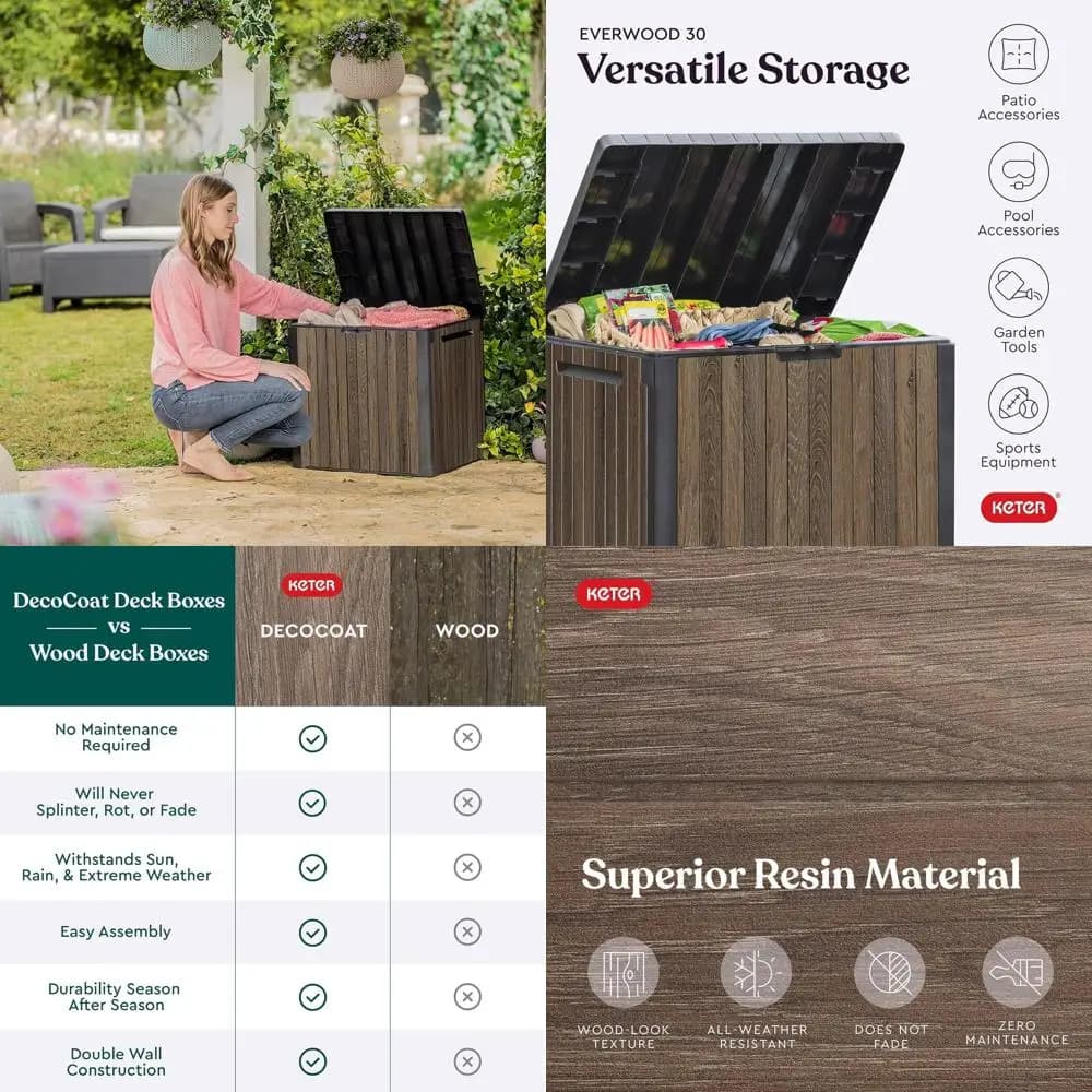 Scatola portaoggetti da esterno in resina Everwood da 30 galloni, tavolo da patio e accessorio da giardino in noce