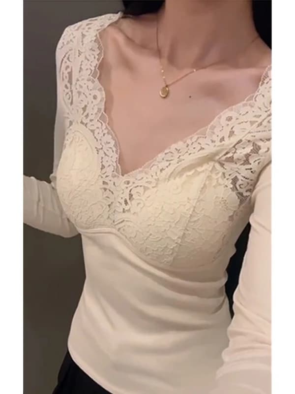 Maglia Termica da Donna a Maniche Lunghe in Pizzo con Scollo a V e Imbottitura Integrata per Autunno Inverno