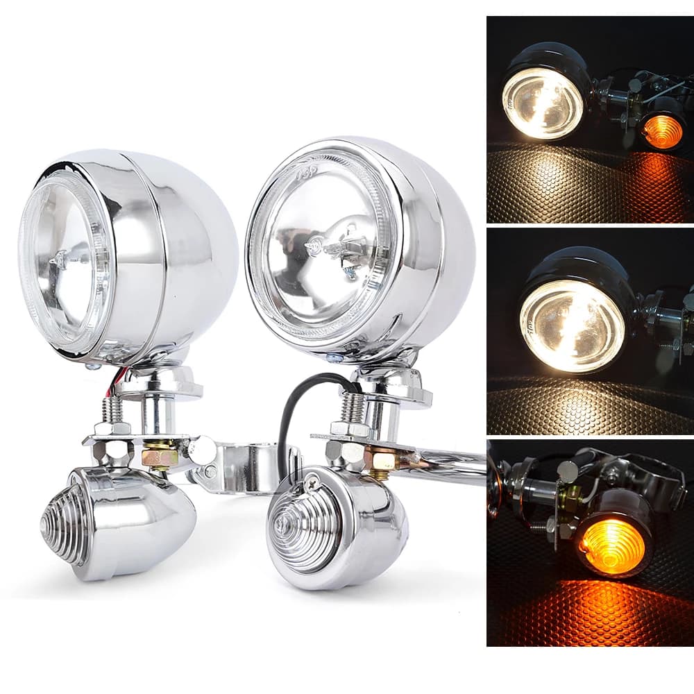 Faro alogeno per moto Fendinebbia Forcella anteriore Lampada ausiliaria di guida con indicatore di direzione per Cruiser Choppers Cafe Racers