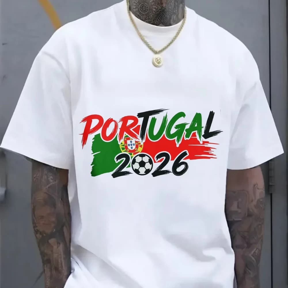 Maglietta Patriottica Portogallo 2026 per Tifosi di Calcio, T-Shirt con Grafica Bandiera a Pennello, Moda Uomo Donna, Girocollo in Cotone