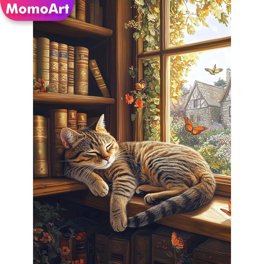 Momoart Diamond Painting Gatto Animali Kit Punto Croce Arte Fai da Te Mosaico Diamantato Ricamo Libreria Finestra Hobby Fatto a Mano