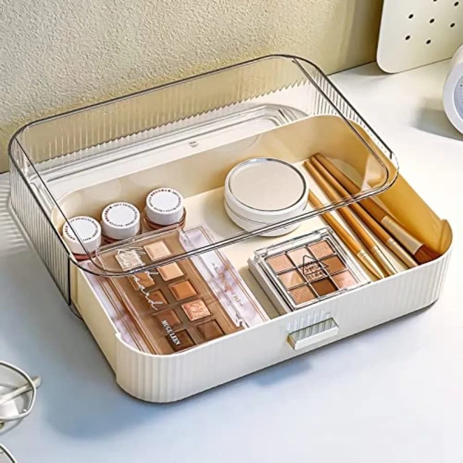 Stackable Plastic Organizer Big Spacious Drawer Organize Eyeshadow Palettes, Cosmetics, and Beauty Supplies on a Vanity. White