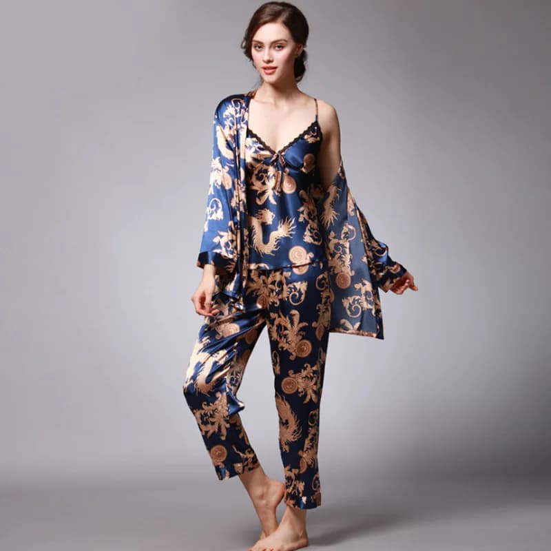 Women's silk satin pajamas set 3 pieces Floral pajamas set Cami Nightwear with bathrobe and trousers