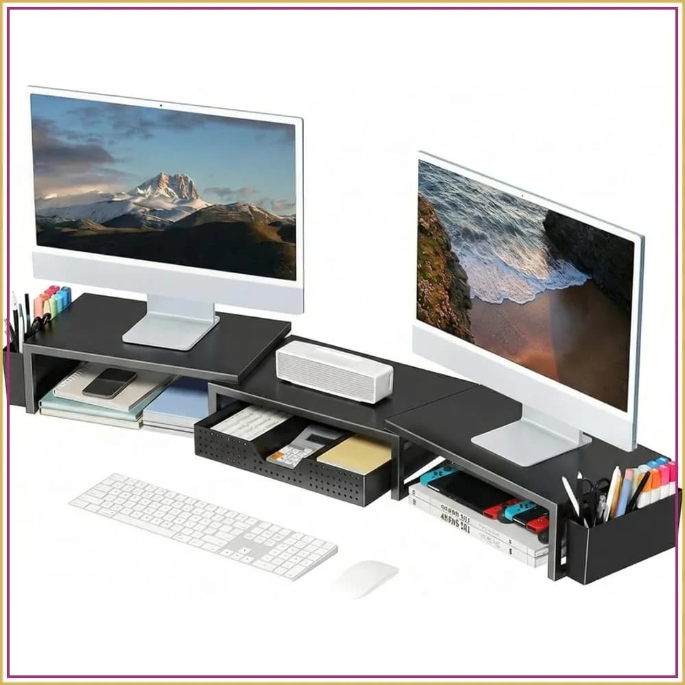 Dual Monitor Stand Riser with Drawer and Pen Holders, Metal Computer Rack for Office Desk Organization, Black