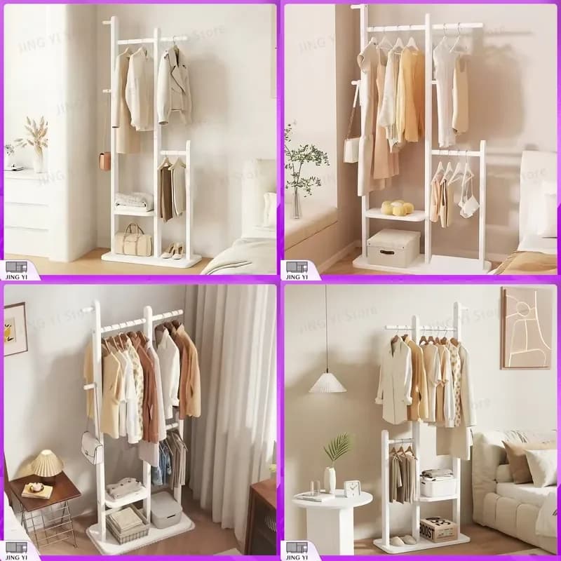 Cream Solid Wood Floor to Ceiling Coat Rack Vertical Clothes Hanger Stand for Bedroom Living Room Office Home Storage