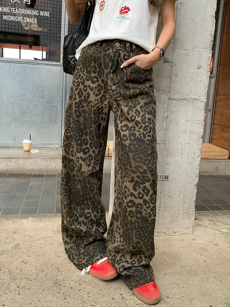 Street Style Large Leopard Print Denim Pants Summer 2025 New American Design Loose Wide Leg Straight Cut Women's Jeans