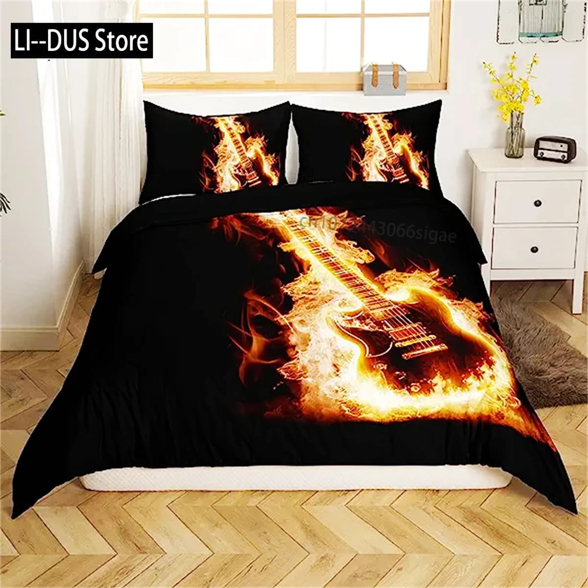 3D rock music colored guitar colored cover set of bed linen for fire and water Beautiful and modern polyester microfiber for children's gifts
