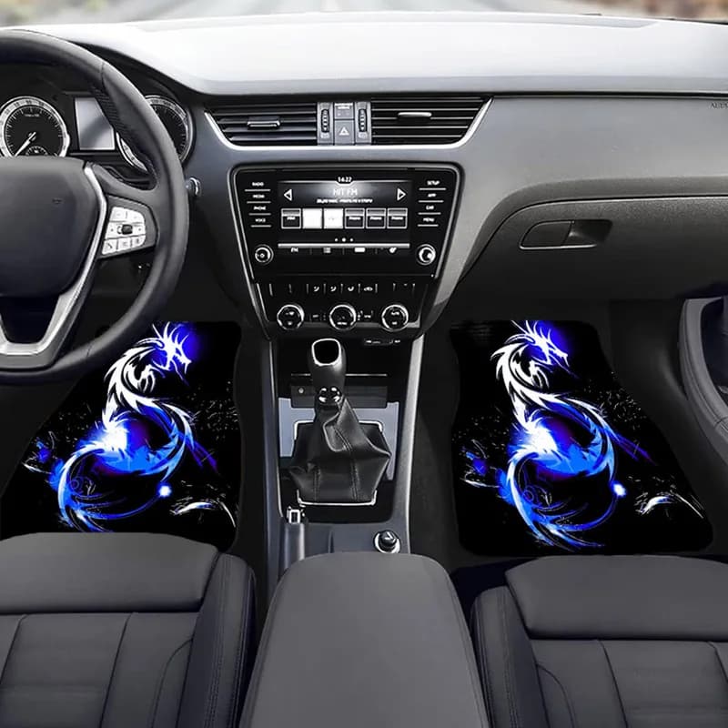 4Pcs Universal Car Floor Mat, Blue Dragon Print, Cool Style For Car Interior