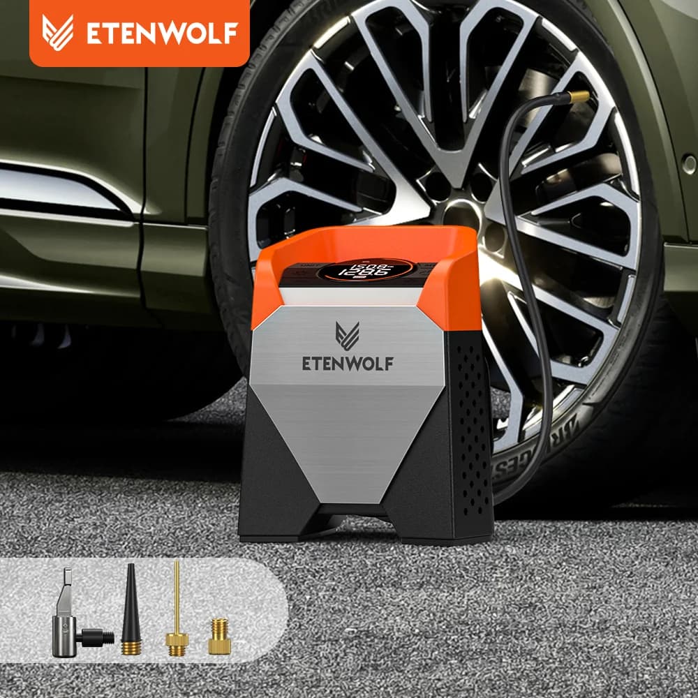 ETENWOLF Multi-in-1 Super Fast Tire Inflator, 160PSI & 15600mAh Power Beast, Perfect For Cars, Motorcycles, Bikes & Balls. Pressure Monitor & Auto-Stop, LED Lighting, Nozzle, Presta To SchraderValve Adapter, Brass BalPump Needle,Automotive Tools