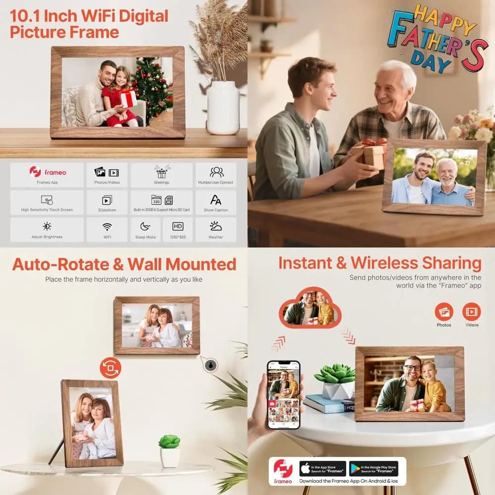 Cornice per foto digitale WiFi 10.1, archiviazione da 32 GB, touchscreen, rotazione automatica, montabile a parete, condividi contenuti multimediali da remoto