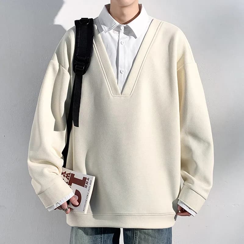 Loose Men's Shirt Collar Hoodie American College Style Spring Fashionable Brand Fake Two-Piece Long Sleeve Crew Neck Sweatshirt