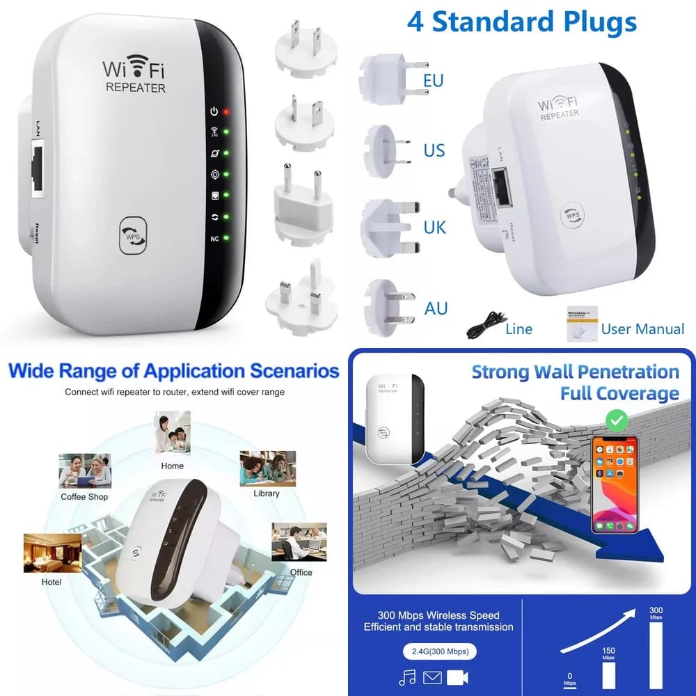 Ripetitore Wi-Fi 2.4G 300Mbps, Amplificatore di Segnale Wireless per Router e Access Point, Estensore di Portata WLAN