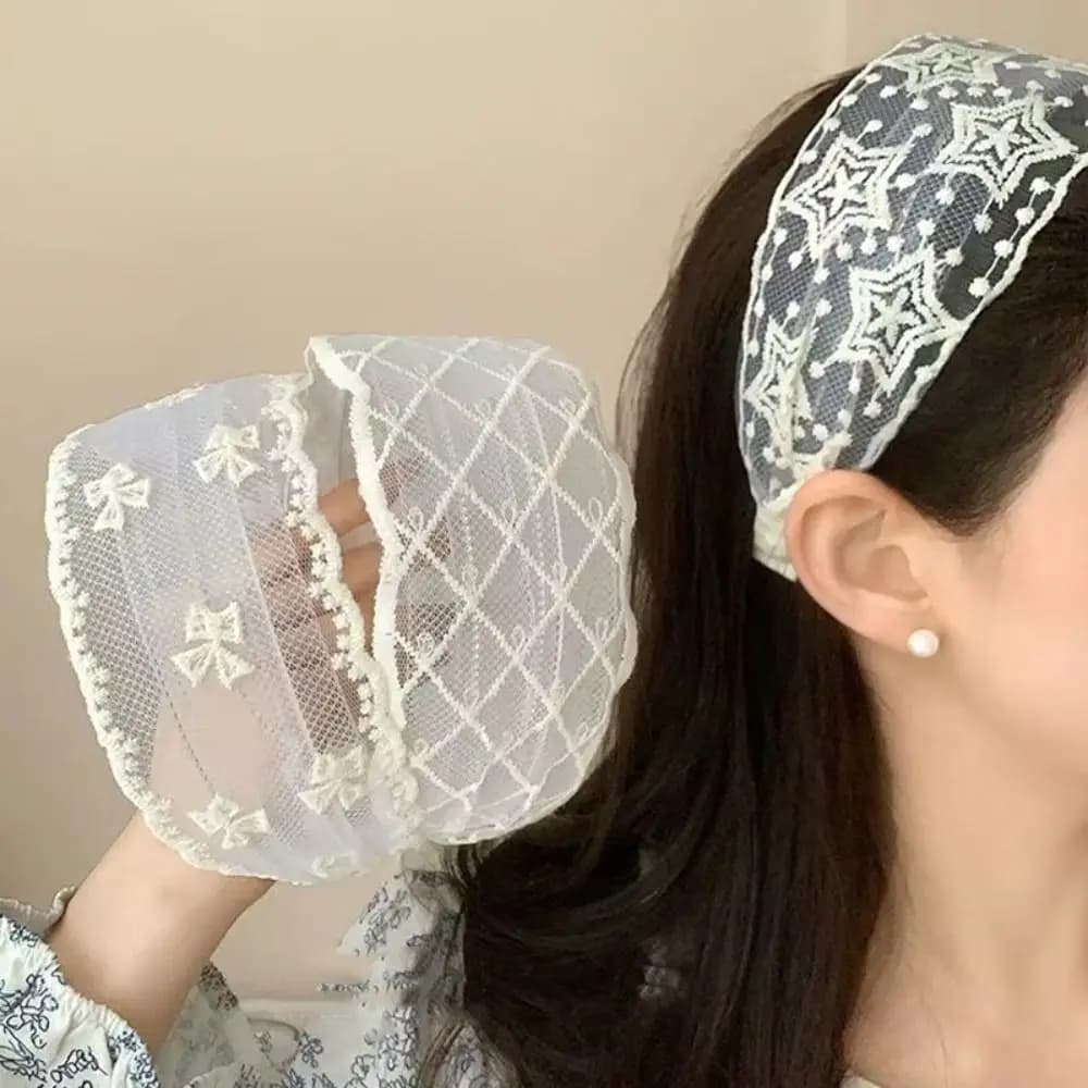 Temperament Korean Style Embroidery Lace Headband Wide Edges Bowknot Bow Hair Band Flower Fairy Mesh Hair Hoop Birthday