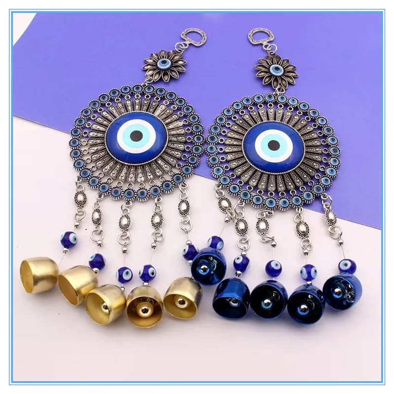 1Pc Sunflower Evil Eye Wind Chimes Lucky Turkish Blue Eye Bead Tassel Wind Bell Wall Hanging Decor Amulet Protection Car Pendant