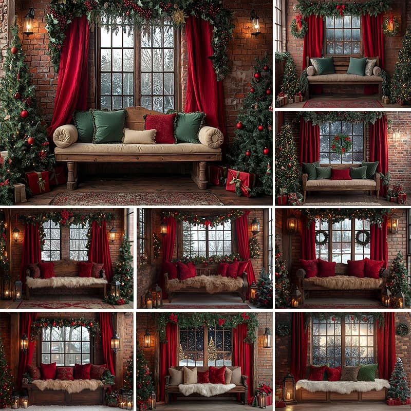 LS Red Classic Window With Xmas Trees Backdrops Kids Adult Photography Child Baby Curtains Christmas Gifts Decor Background
