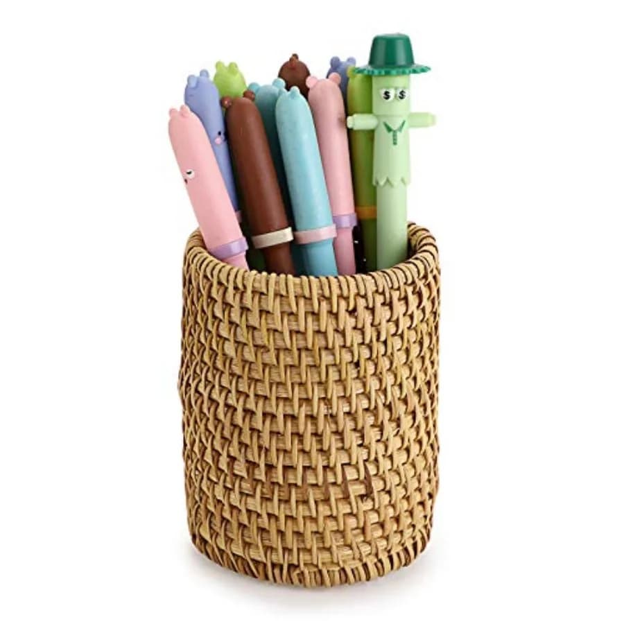 Portapenne in Rattan Fatto a Mano, Porta Pennelli da Trucco, Cestino Intrecciato Multifunzionale, Organizzatore da Scrivania per Ufficio e Casa