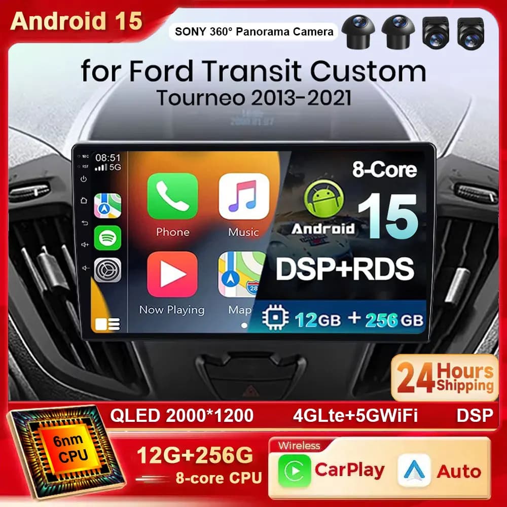Android 15 For Ford Tourneo Custom 1 I Transit 2012 - 2021 Car Radio Navigation Multimedia GPS Auto Carplay QLED WIFI 4G BT DVD