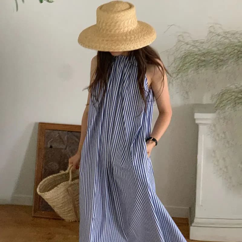 Chic Summer Leisure round Neck Color Block Striped Design Loose Sleeveless Vest Dress Comfortable Breathable Casual Dress