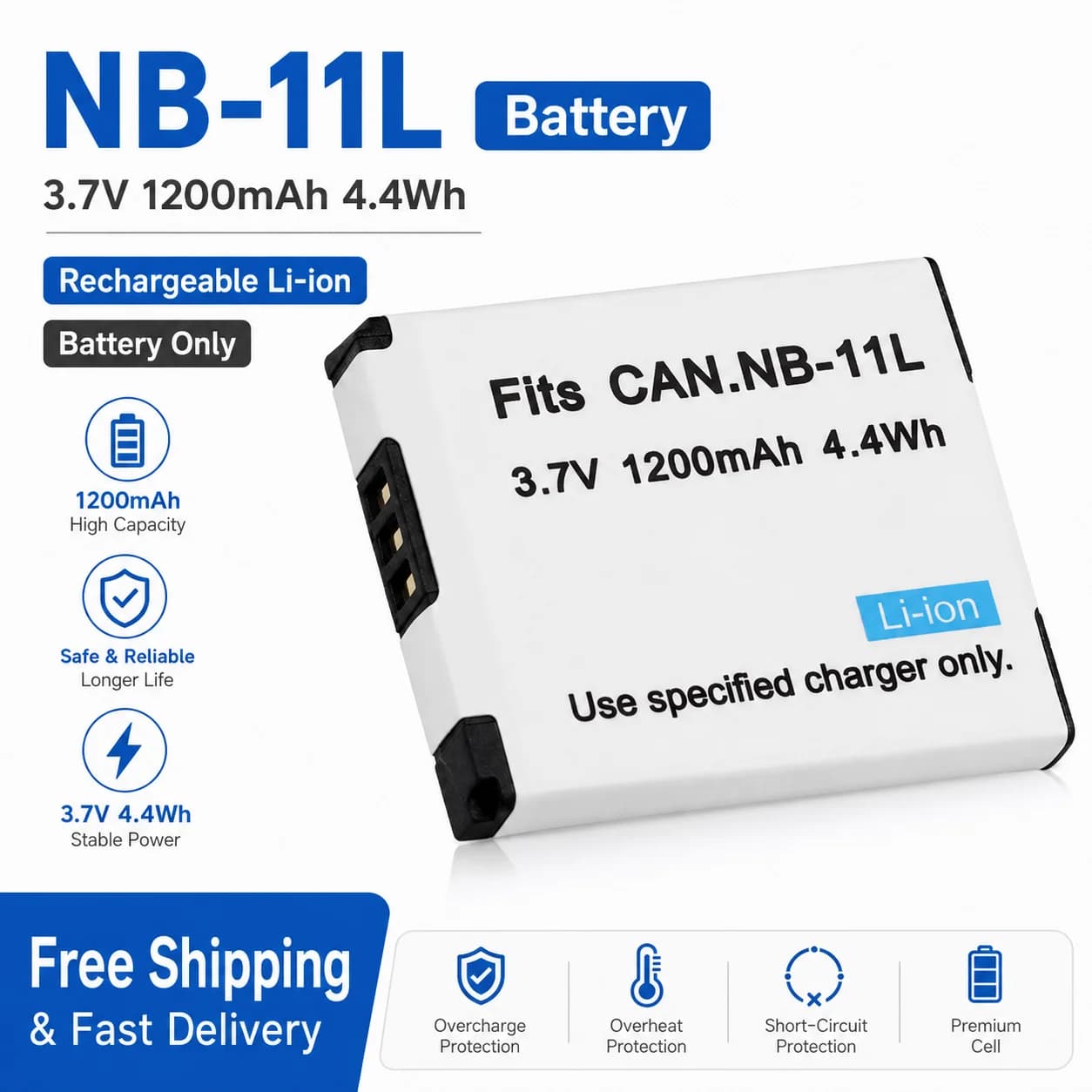 NB-11L 3.7V 1200mAh Li-ion Camera Battery for Canon IXUS 125/132/140/240/245, PowerShot A2300/A2400/A2600/A3400/A3500/A4000