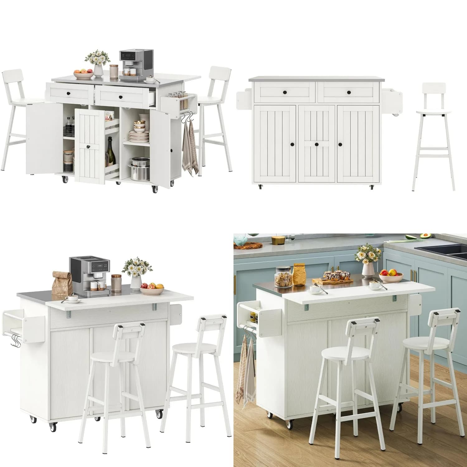 Isola Cucina Mobile con Piano Ribaltabile, Cassetti Portaoggetti, Armadietti, Sgabelli da Bar, Portasciugamani, Portaspezie, Bianca, Personalizzabile