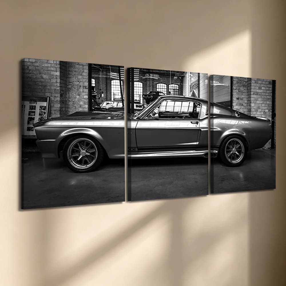 Set di 3 Quadri su Tela con Cornice in Legno, Arte Monocromatica di Auto Sportive Classiche, Decorazione per Ufficio, Casa, Garage, Soggiorno e Camera da Letto
