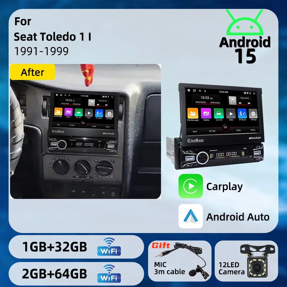 1 Din 7" Telescopic Screen Car Stereo Android for Seat Toledo 1 I 1991-1999 CarPlay GPS Multimedia Radio HeadUnit Autoradio