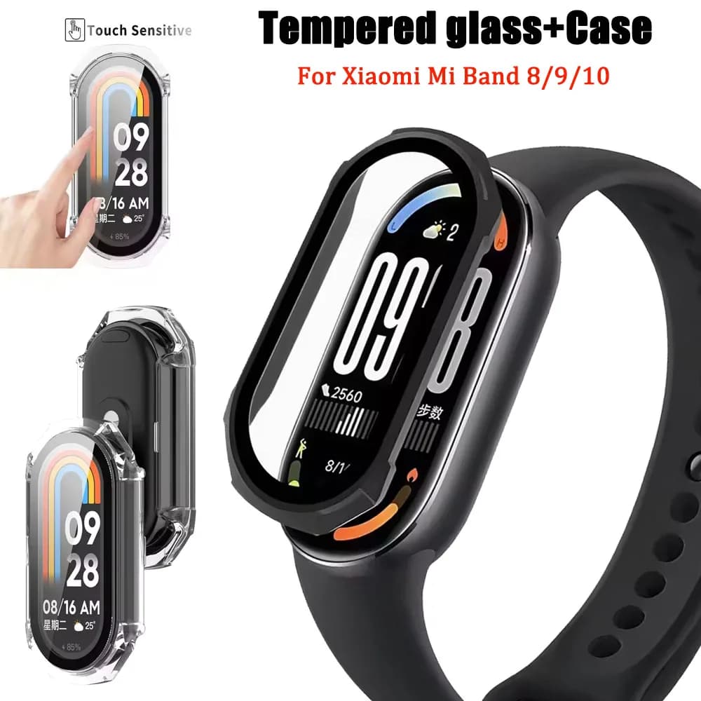 Custodia rigida per PC + vetro per Xiaomi Mi Band 10 9 8 Protezione schermo Custodia protettiva per paraurti per Mi Band 8 9 10 Accessori Pellicola