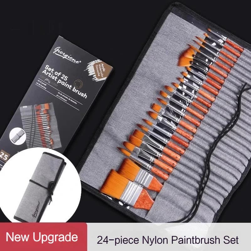 24pcs Nylon Brush Set Scraper Pen Curtain Brown Rod Different Shape for Gouache Watercolor Oil Painting Art Supplies Stationery