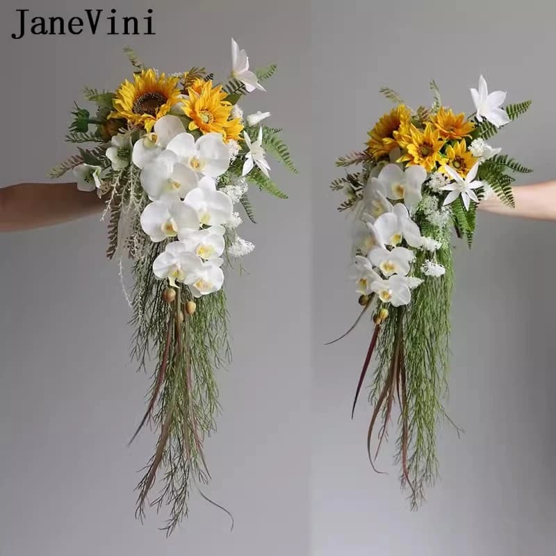 JaneVini Bouquet da sposa girasole giallo Cascata Pianta verde bianca Cascata artificiale Fiori da sposa Bouquet da sposa vintage